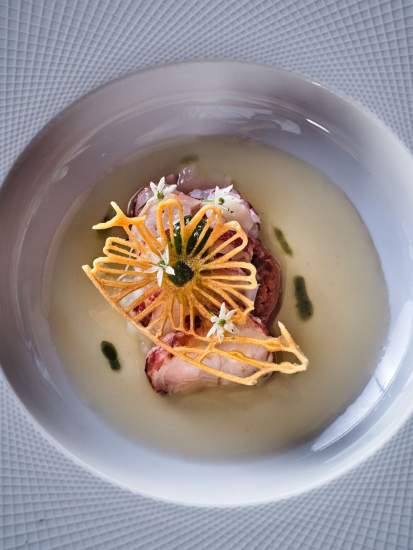 Millefeuille croustillant, quenelle de sorbet et segment d'orange dans une assiette blanche – La Table des Échevins Douai