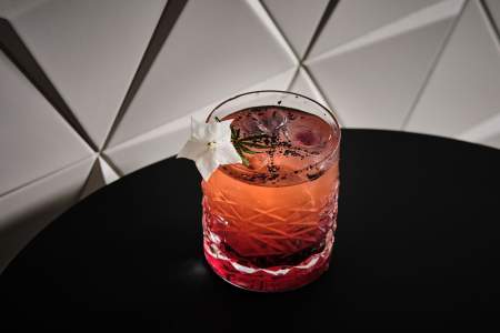 Cocktail rouge dégradé en verre taillé avec glaçon et herbe aromatique sur fond sombre – Restaurant Douai Centre-ville