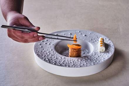 Dressage précis d'une bouchée sur assiette texturée à l'aide d'une pince – La Table des Échevins Restaurant Gastronomique Douai